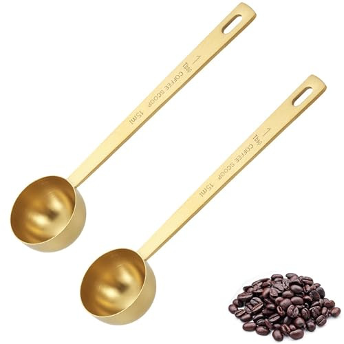 tiokin 2 cucharadas de cuchara de café, cuchara medidora de café de acero inoxidable de 15 ml, cuchara medidora de café de mango largo para café molido, té suelto, leche Brewin y polvo (dorado)