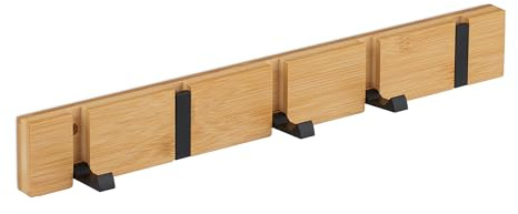 Relaxdays Garderobenleiste, klappbare Haken, Bambus, Metall, zum Bohren oder Kleben, Flur, Wandgarderobe, Natur/schwarz | Metall, zum Bohren oder Kleben, Flur Wandgarderobe