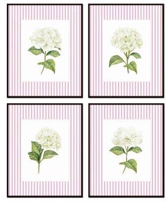 Belle Maison Art White Hydrangea Pink Striped Prints, Nursery Prints Wall Decor for the Baby Nursery, 16X20 SET OF 4, Smooth Matte Paper Prints, Unframed