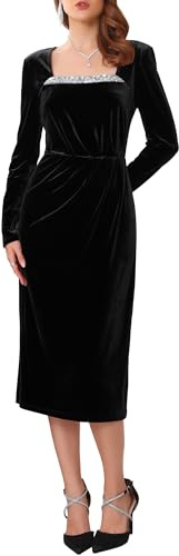 WOMLAYOUT Vestido de Terciopelo Fruncido para Mujer Cuello Cuadrado Manga Larga Formal de Noche Cóctel Midi Negro XL