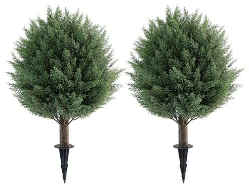 21'' Artificial Cedar Topiary Ball Trees with Ground Spike, 2 Pack Artificial Shrubs, UV Resistant Fake Plant Brush for Indoor Outdoor Front Porch Garden