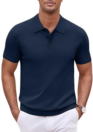 COOFANDY Men's Knitted Polo Shirts Short Sleeve Casual Men's Polo T-Shirt Plain Button Down Polo Shirt Golf Shirts Navy Blue L