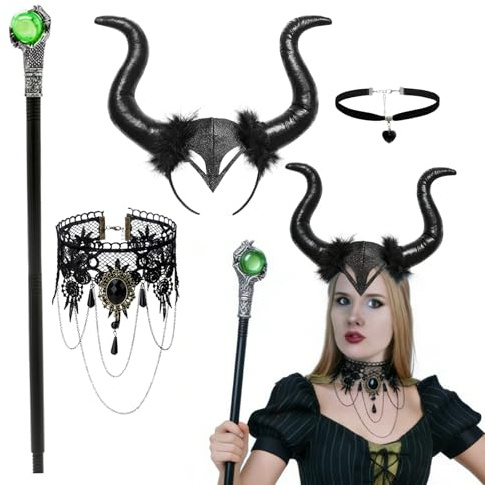 HSYWSH Halloween Copricapo Cornuto Nero, Costume da Corna Regina Corna Nere Copricapo con Collana di Pizzo Con una bacchetta per Halloween Carnevale Cosplay (Nero A)