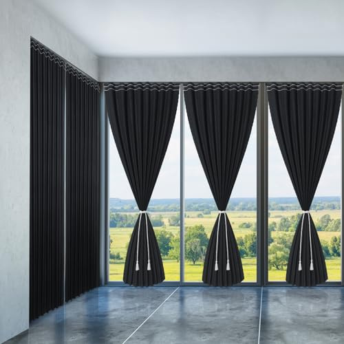 CrystalSylara 2 Panel Magic Tape Stick on Curtains Blackout Curtain Temporary Blind with Tieback No Drill Adhesive Curtain for French Door Sliding Door Window Thermal Insulated Privacy(53 W X 90 L)