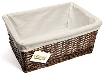 Woodluv Brown Wicker Storage Basket W/Off White Cloth Lining Xmas Hamper - Medium