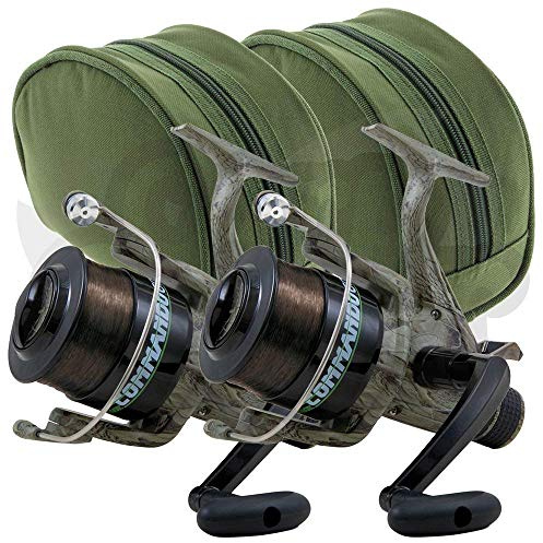 2 x Lineaeffe Commando 60 1BB, Camo Freespool Karpfenläufer, Präparat, Angelrollen, vorgeladen mit 5,4 kg Karpfenschnur und 2 Schutztaschen