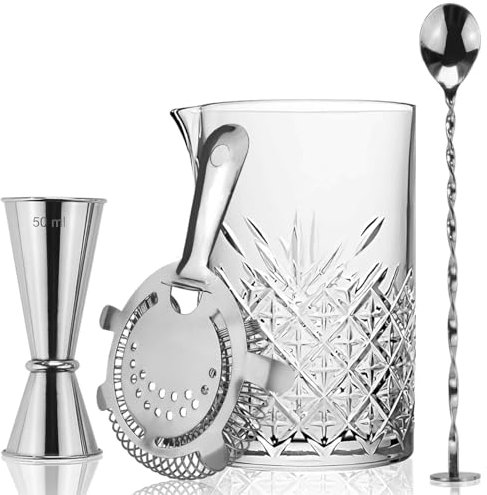 Cocktail-Rührglas-Set | Cocktail-Geschenkset enthält 700-ml-Glaskrug, Hawthorne-Sieb aus Edelstahl, Gerät für japanische Getränke und Cocktail-Rührlöffel | Mixologen-Kit | Silber