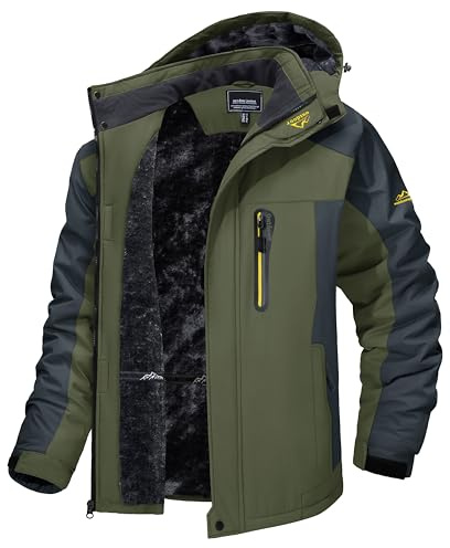 TACVASEN Men's Winter Ski Jacket Waterproof Snow Coats Snowboard Fleece Lining Jacket Warm Parka with Hooded Green XL