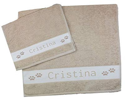 MAGIE DI CASA Personalisierte Handtücher mit Namen, 2 Stück Badeschwamm, Gesicht + Gästehandtuch aus 100% Baumwolle (Ecru, Zumpa)