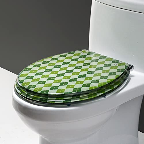 MANY Schwarz Harz Toilettensitz Universal U/V/O Wc Sitz Mit Absenkautomatik Toilettendeckel Marmormuster Klobrille, Leichte Reinigung, Grün Kariert(Green Plaid)