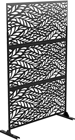 Elevens Patio Privacy Screen, Outdoor Privacy Screen with Stand Decorative Metal Privacy Screen Free Standing for Garden Backyard Balcony 72''Lx47''H,Black(Leaf)