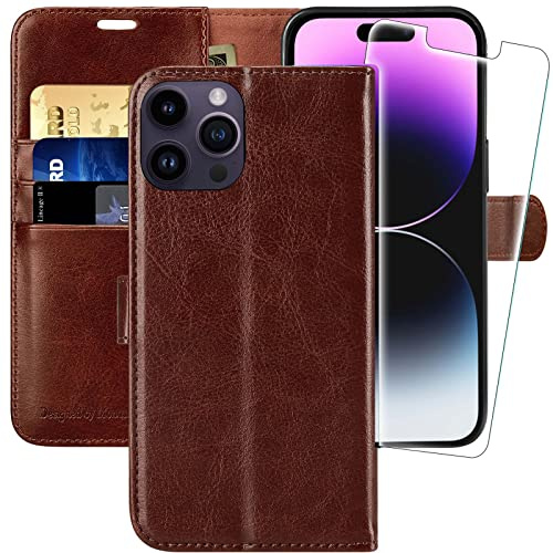 MONASAY Wallet Case for iPhone 14 Pro Max with 3 Card Holders - Brown | Kickstand,RFID Blocking,6.6 feet of shock absorption,PU Leather, Strong Magnetic Closure, Fits 6.7 inch ONLY,Protective film