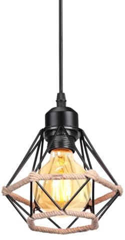 PETITES ECREVISSES Lampadario a Sospensione E27 Industriale Vintage 3 Luci Lampada da Soffitto Corda di Canapa Retro Illuminazione Nero interna per Cucina Salotto (Ø16cm -1 pezzo)