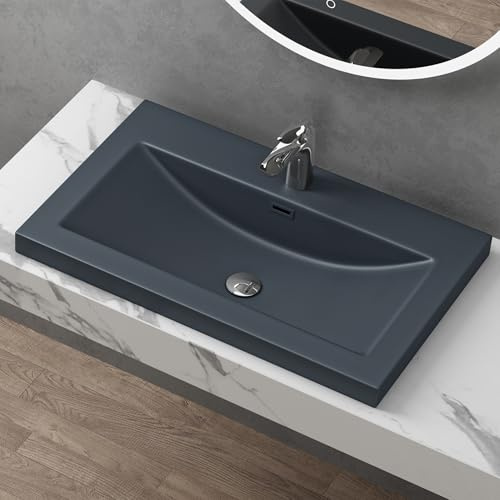 doporro Lavabo à Encastrer Vasque Gris Noir Mat Solid Surface 76,5x48x13cm | Solid Surface, pour Salle de Bain, Colossum01