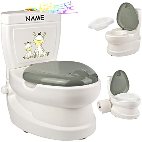 alles-meine.de GmbH Kindertoilette/Töpfchen Spülgeräusch + Licht Zebra - inkl. Name mit Wasserspülung Sound - Nachttopf/Babytopf - mit Deckel - weiß - Musik - Toiletten..
