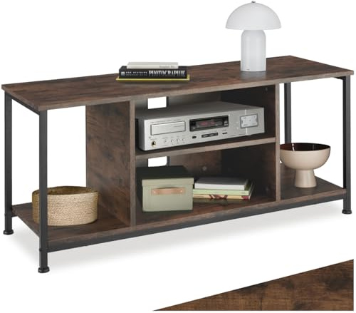 tectake® Industrial Lowboard, TV Ständer Regal, Kommode mit 4 offenen Fächern, 110/120 x 40 x 50,5 cm, Fernsehtisch, TV Board, Wohnzimmer Möbel, Sideboard - 110 cm, Industrial Holz dunkel, rustikal