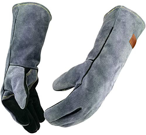 WZQH 40CM, 500℃, Leder Schweißhandschuhe Extra Extra Groß,Hitze/feuerbeständig,Handschuhe für Grill,Ofen,Kamin, feuerwehr,Tig,Mig,Backen,Herd,schmiede,Topflappen,Haustierbeißschutz.Schwarz/Grau 2XL