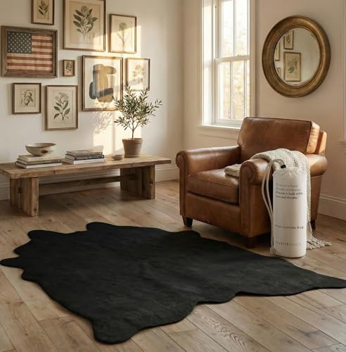 Faux Cowhide Rug 4'3x5'7 - Black Cow Print Rug, Washable, Non-Shedding