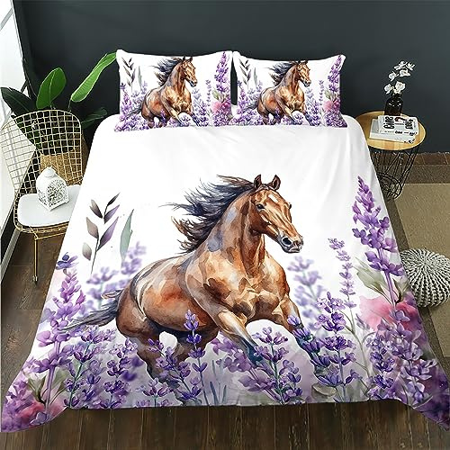 AILONEN Horse Duvet Cover Queen Size, Galloping Horse Bedding Set for Boys Girls Kids,Lavender Flowers Comforter Cover 3PCS,1 Quilt Cover and 2 Pillowcases,Soft Microfiber
