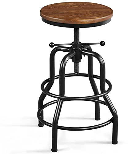 Yaheetech Industrial Bar Stool Vintage Metal Adjustable Counter-Height Barstool 51-68cm with Round Wooden Top Rustic Breakfast Stool for Kitchen Counter Cafe, Brown, 1PCS
