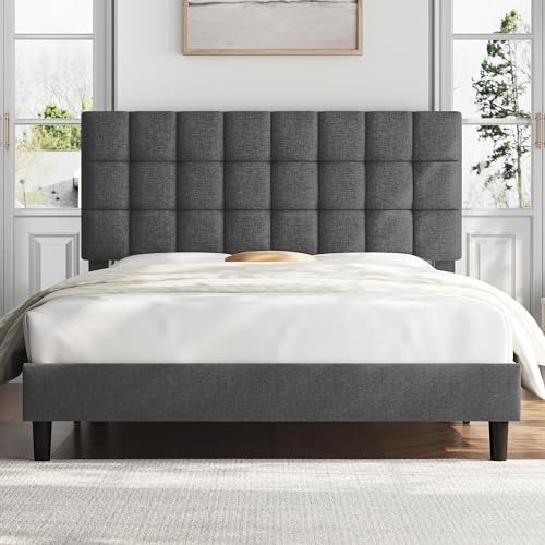 Yaheetech Struttura Letto con Testiera Imbottita Supporto di Doghe in Legno Testiera Quadrata Altezza Regolabile Moderno Grigio Scuro 160 x 200 cm