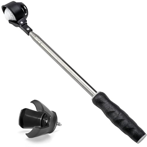 Famgee Portable Retractable Stainless Steel Golf Ball Retriever Telescopic Pick Up Scoop Saver Automatic Locking Shaft Tool with Golf Ball Grabber for Putter Extended Length 6.2Ft