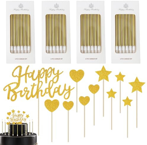 35PCS Gold Birthday Cake Candles Set, 24PCS Cake Candles, 11 Glitter Happy Birthday Cake Toppers, Long Gold Candle Candles for Cake, Wedding Party Decoration