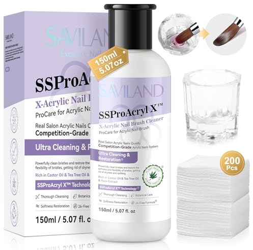 Saviland Nail Brush Cleaner Flüssig: 150ml Profi Pinselreiniger für Acryl Pinsel für Nagel Liquid Super Reinigungskraft Acrylic Brush Cleaner Nägel mit Nail Cleaning Pads & Dappen Dish für Acrylnägel