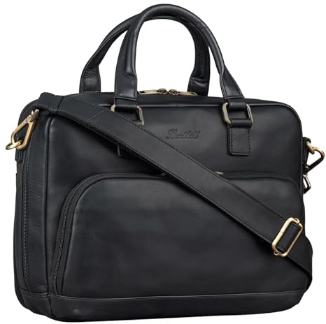 Benthill Aktentasche Leder Laptoptasche - Ledertasche für Herren und Damen Gross - Umhängetasche aus echtem Leder - Große Schultertasche für Laptop, Farbe:Schwarz