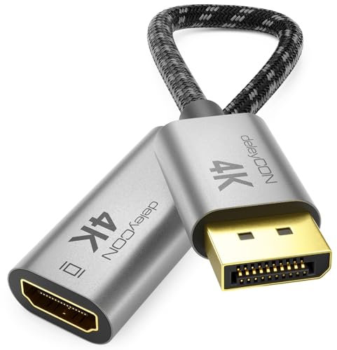 deleyCON Adattatore da DisplayPort a HDMI (Per Monitor/TV/Beamer) - 1080P@60Hz // 4K@30Hz Spina in Alluminio Cavo in Nylon DisplayPort Maschio a HDMI Femmina PC Laptop Monitor Nero