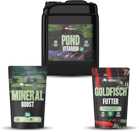 Goldfisch Sorglospaket | Fisch Futter & Teichpflege-Set | 1x Teichzeit Goldfisch Futter, 1x Pond Vitamin & 1x Mineral Boost