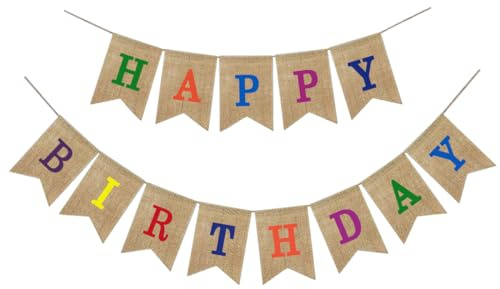 Happy Birthday Girlande Banner Leinen, Vintage Leinen Geburtstag Deko, Stoff Girlande Wimpelkette für Geburtstag Party DIY Dekoration Babydusche (Bunt)