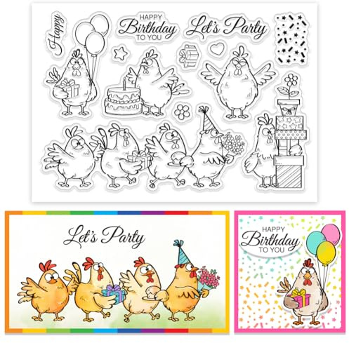 CHGCRAFT Klare Silikonstempel mit lustigem Huhn – Geburtstags-Motiv, ca. 16 x 11 cm, transparente Stempelplatte für DIY Scrapbooking, Fotoalben, Grußkarten & Geschenkverpackung