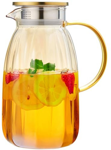 MESNEY Jarra de Agua Cristal de 2 Litros con Asa y Tapa, Jarra de Vidrio de Borosilicato Resistente al Calor, Jarra de Gran Capacidad para Té, Jugo, Leche y Bebidas Frías o Calientes