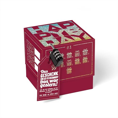 SURPRISA Rätselbox - Geldgeschenke Geburtstag, Rätsel Geschenkbox Knobelbox | Geschenkverpackung Geld, Gutscheine, Geschenke, Geburtstag, Motiv: Happy Bday-Rätsel, Rot mit Glitzerfolie, Größe S (12 cm)