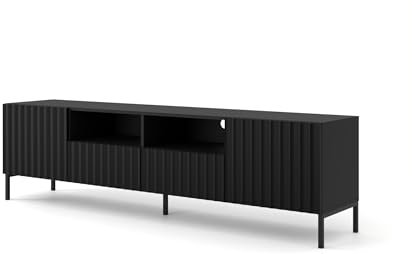 Homlando Wave TV Cabinet 78.5 x 16.5 x 22 with Machined MDF Fronts for 75 TV – 2 Doors, 2 Drawers, 2 Shelves Lowboard on Black Metal Legs – Matte Black Living Room Furniture