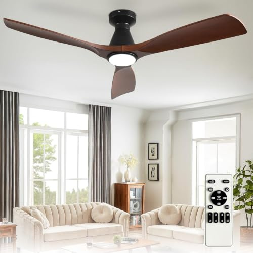 Depuley 52-Zoll-Deckenventilatoren mit Licht: Walnuss 3 Flügel Flush Mount Low Deckenventilator für Schlafzimmer - Dimmbarer Innenventilator mit APP-Fernbedienung Ultraleiser DC-Motor Zeitschaltuhr