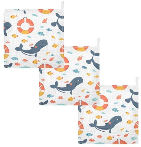 xigua Baby Washcloths 3 Pack,Cartoon Lifebuoys and Dolphins Baby Towels Newborns Baby Wipes, Super Soft and Absorbent Wash Cloths for Adult2213
