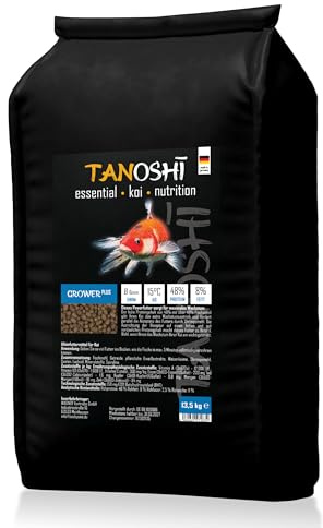 Tanoshi Koifutter - Grower Plus - 6mm 13,5 kg | Schwimmendes Hauptfutter für maximales Wachstum | mit Lachsöl und Shrimps | ab 15°C