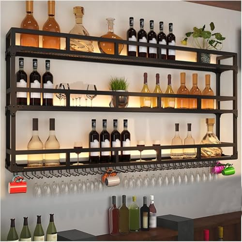 Portabottiglie Vino Da Parete,Portabottiglie Da Parete Moderno In Metallo A 3 Ripiani Con Luce LED E Portabicchieri Portabottiglie A Parete A 3 Livelli Con Portabicchieri(Size:120cm)