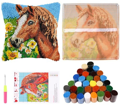 Guniata Knüpfkissen Set für Erwachsene,43 cm,DIY Knüpfkissenbezug Set mit Häkelgarn,Handgefertigter Kissenbezug,Nadelarbeit für Sofa Dekoration(Pferd)