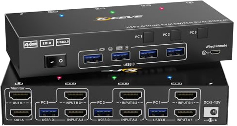 4K@60Hz KVM Switch 2 Monitors 3 Computers, HDMI KVM Switch 3 Computers Sharing 2 Monitors and 4 USB3.0 Ports, 𝐄𝐃𝐈𝐃 𝐄𝐦𝐮𝐥𝐚𝐭𝐨𝐫, With Power Adapter, Wired Remote Control and USB Cable