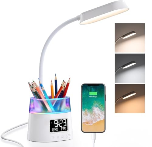 LED Schreibtischlampe Kinder, Dimmbare Tischlampe mit Uhr and Stifthalter, Tischleuchte mit USB-Anschluss, 3 Helligkeitsstufen Leselampe Arbeitsleuchte mit RGB-Nachtlich für Kinder, Studenten, Büro
