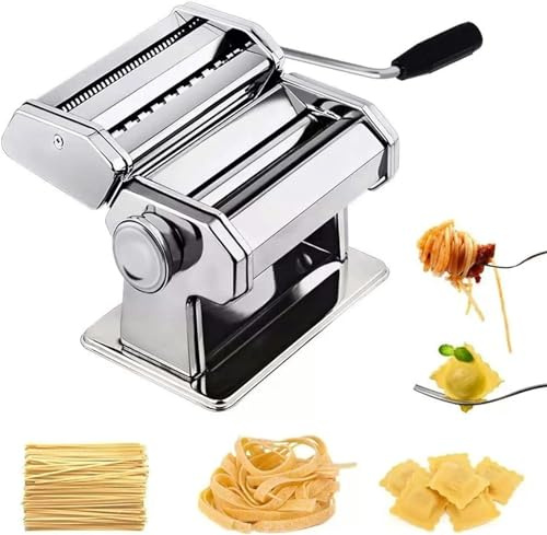 JMOUZHG Macchina per Pasta Professionale Macchina per Pasta Manuale in Acciaio Inossidabile con Istruzioni per l'uso Taglierina Fresca (Argento Taglia Unica)