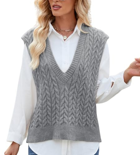 RWGSNB Gilet da Donna, Canotta Corta Donna Maglia con Scollo V Maglione Lavorato Maglia Trecce vestibilità Ampia Stile Preppy Tinta Unita Senza Maniche Giacca Maglione Basic Autunnale Canotta Grigi
