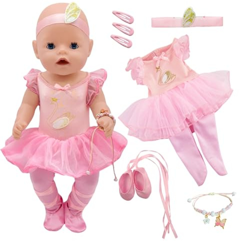 WanderGo Baby Puppen Puppenkleidung 35-43 cm, 5-teiliges Outfit mit Ballettkleid + Haarband + Schuhe + Haarspange + Schmuck , Ballett-Stil Puppen Kleidung für 14-18 Zoll Puppen(Ohne Puppe)