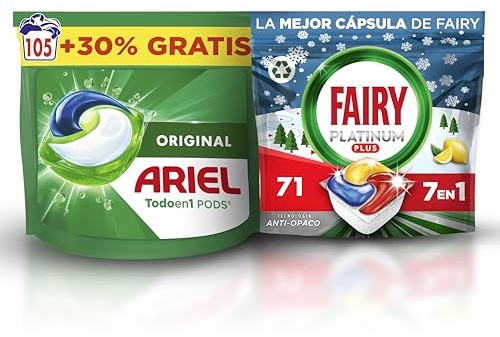 Pack Ahorro Limpieza Total: Ariel Todo en 1 PODS (105 Cápsulas) + Fairy Platinum Plus Limón (71 Cápsulas) – Lavado Impecable para Ropa y Vajilla