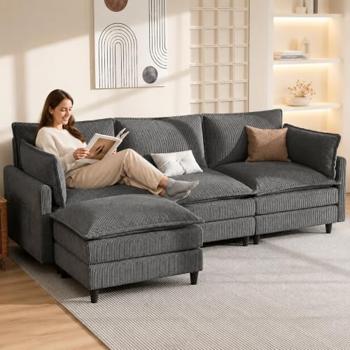 APICIZON Sofa mit Schlaffunktion, Cloud Couch, Sofa L Form, Eckcouch-275x132x80cm, Sofas XXL, Wohnzimmer Cord Schlafcouch, Seitliche Magazin-Aufbewahrungstasche, Grau