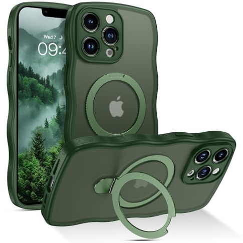 VENINGO Magnetic Case for iPhone 13 Pro Max, [Kickstand Ring Holder][14FT Military Grade Protection][Fit for MagSafe] Curly Wave Frame Shockproof Slim Case for iPhone 13 Pro Max, Green