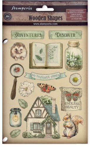 Stamperia - Coloured Wooden Shapes for Scrapbooks, Albums, Cards, Bullet Journals and More, Laser Cut, Printed for Enhanced Detail, Perfect for Hobbies, Crafts and Gifting (Herbarium Silvae) (A5)